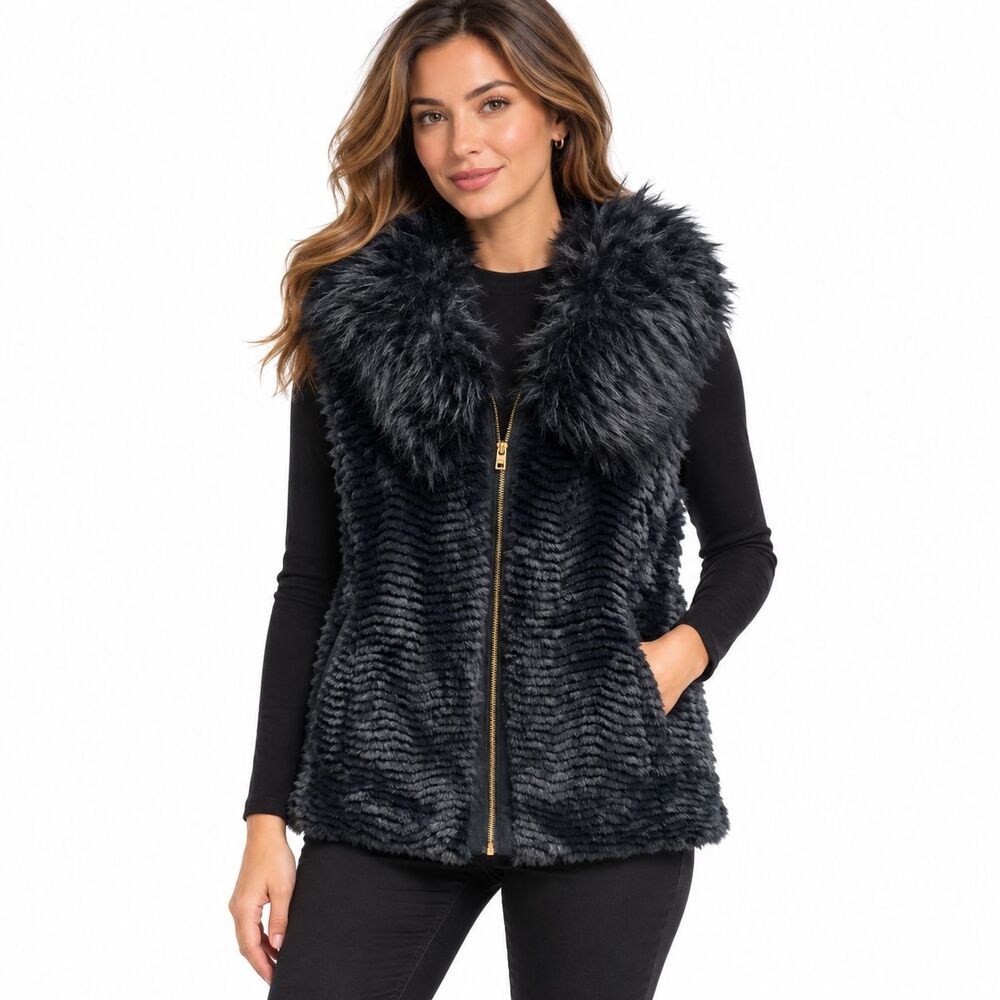 Marc New York Andrew Marc Womens S Black Faux Fur Vest Gold Zip Plush Collar